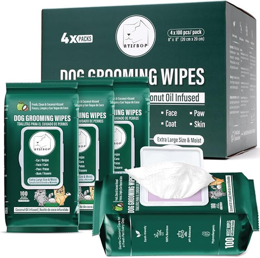 ATIFBOP Dog Wipes for Paws and Butt, Hypoallergenic Pet Grooming Wipes, 400 Wipes for Cleaning & Grooming Moisturizing Coconut, Aluminum Moisture-Lock Seal