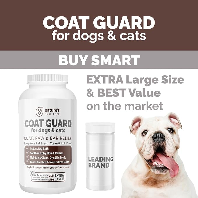 Coat Guard Dry Shampoo for Dogs and Cats - Extra Large 2 lbs Jar, Dog Dry Shampoo Powder, Waterless Dog Shampoo, Anti Itch Relief, Cedar Scented, Anti Dandruff, Hot Spots, Nature's Pure Edge