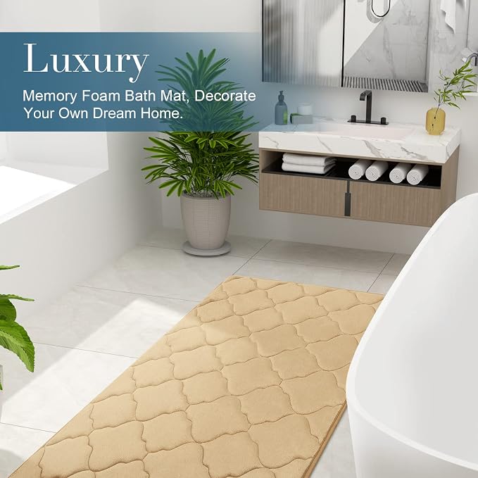 OLANLY Memory Foam Bath Mat Rug 47x24, Ultra Soft and Absorbent Bathroom Rugs, Non-Slip, Comfortable, Machine Washable Bath Carpet for Bathroom Floor, Tub, Shower and Home Decor Accessories, Beige