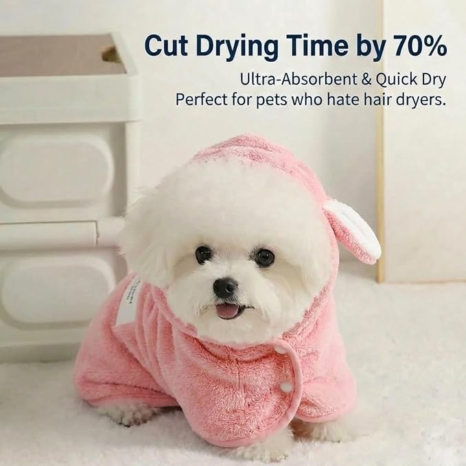 Dog Bathrobe Super Absorbent Towel for Small Dogs Cats Fast Drying Dog Robe Coat with Hood Puppy Cat Bath Towel Wrap Pet Grooming Supplies After Shower (Deep Pink,S)