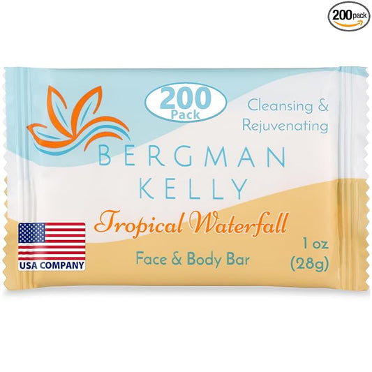 BERGMAN KELLY - Hotel Soap Bars - Tropical Waterfall, 1 oz, 200 PK - Travel Size Luxury Bulk Amenities Bar Soap - Mini Individually Wrapped Rectangular Soap, Small Toiletries for Airbnb & Motel