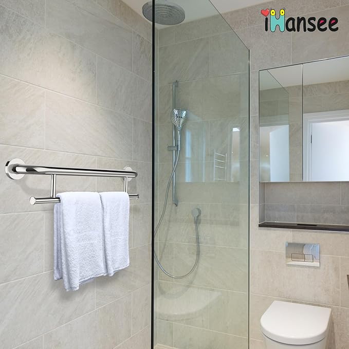 Polished Chrome Grab Bar 24 Inch w/Towel Holder, iHansee Stainless Steel Towel Rack Shower Support Balanced Support Handle, Wall Mount Safety Handrail Grab Rail for Elderly Senior Handicap Disabled