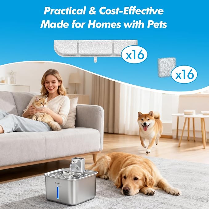 32 Pack Replacement Filters for DownyPaws Battery Operated Cat Water Fountain DPWFP6, Cat Fountain Filter Set for Downy Paws 84oz/2.5L Wireless Dog Pet Water Dispenser (16 Filters & 16 Sponges)