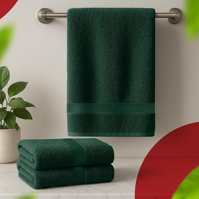 RIVERSIDE 100% Ring Spun Cotton Large Christmas Bath Towels Set of 4, 27 x 54 Inches - Soft & Highly Absorbent Towels for Shower & Bathroom - Luxury 600 GSM Towels for Home, Red & Hunter Green