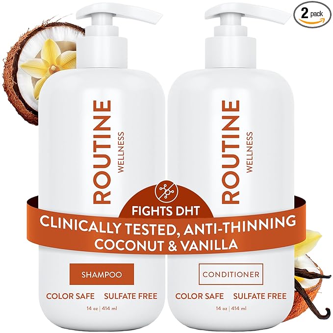 Routine Wellness Anti-Thinning Shampoo & Conditioner - Coconut & Vanilla | Clinically tested shampoo for thinning hair with biotin, pea peptides, saw palmetto oil, color safe, sulfate free