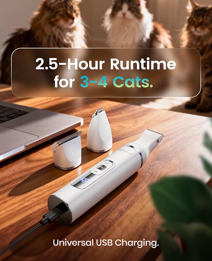 oneisall Quiet Cat Clippers for Matted Hair, 3 in 1 Cat Grooming Kit | LCD Display, Cat Hair Trimmer for Paw, 3 Speed, Cordless, IPX7 Waterproof Pet Clippers for Butt, Paw, Back, Ear, Face
