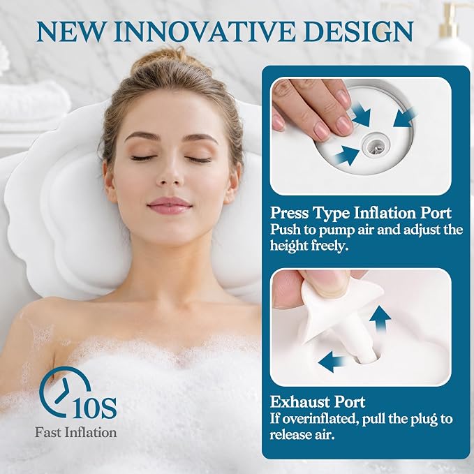 Bath Pillow for Tub, Inflatable Silicone Bathtub Pillow for Head & Neck Support, Adjustable 0-2.3" Height, 7 Strong Suction Cups, Waterproof, Quick-Drying, Luxury Spa Gifts for Women Men (White)