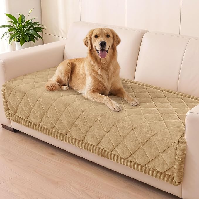 Smiry Couch Cover for Dogs, Non Slip Washable Pet Sofa Protector for Large Dogs, Cats, Fuzzy Plush Sofa Covers for 3 Cushion Couch, Against Fur, Dirt & Scratch Resistant, Camel, 35.4"×88"