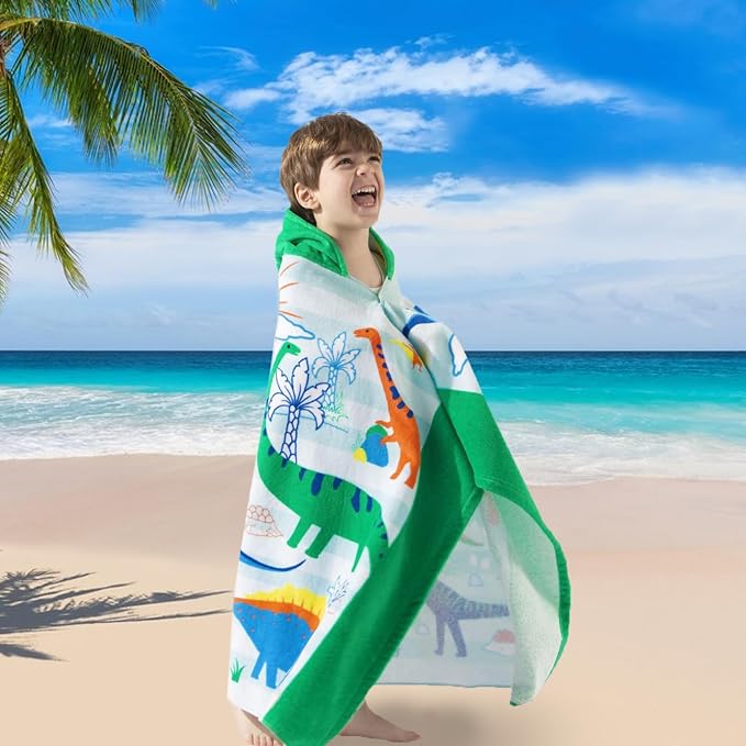 VOOVA & MOVAS Dinosaur Hooded Beach Towel for Kids Age 3-8, Large 30"x50" 100% Cotton Ultra Absorbent Wearable Wrap, Bath Towel for Beach Pool Swim, Birthday Gift for Kids