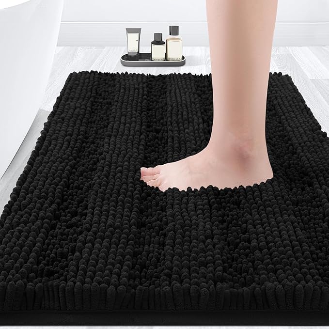 ACCUMTEK Striped Black Bathroom Rug Mat 36"x24" Ultra Soft, Non Slip Chenille Bath Rugs, Absorbent Plush Shaggy Bath Mats for Bathroom, Bedroom, Kitchen, Shower, Tub