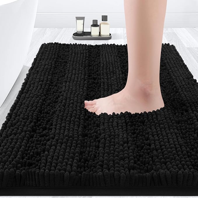 ACCUMTEK Striped Black Bathroom Rug Mat 24"x17" Ultra Soft, Non Slip Chenille Bath Rugs, Absorbent Plush Shaggy Bath Mats for Bathroom, Bedroom, Kitchen, Shower, Tub