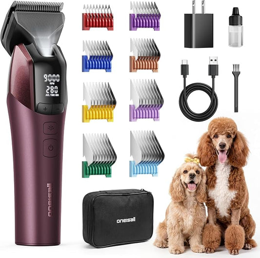 oneisall Professional Dog Clippers for Grooming Thick Hair, 9000RPM 5 Speed | 5 in 1 DLC Blade, 280min Cordless, Low Noise Dog Grooming Kit with 8 Metal Combs Carring Case for Dogs Cats Pet