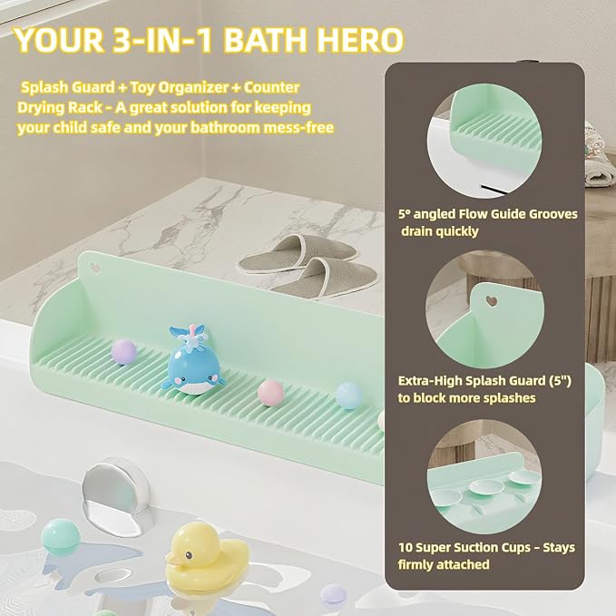 Silicone Bathtub Splash Guard 2-Ft, Toy Tray Holder with 10 Strong Suction Cups, Heightened Guard Design & Quick-Drain Slope Prevent Water Spills, Bathtub Accessories Gift for Family (Yellow)