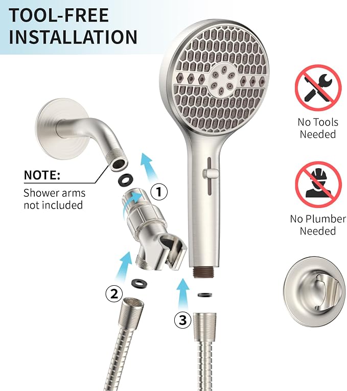 Brushed Nickel Handheld Shower Head, High Pressure 9-Spray Modes Handheld Showerhead, 71 Inch Kink-free Hose, Power Wash for Low Pressure Homes, Pet Tub Tile Cleaning