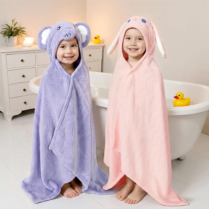 6 PCS Toddler Towels Set for Boy Girl 0-5 Year, 2 PCS Absorbent Hooded Baby Bath Towels Large 55" x 27.5" & 4 PCS Washcloths, Ultra Soft Toddler Newborn Bath Essentials Gifts, Rabbit & Elephant