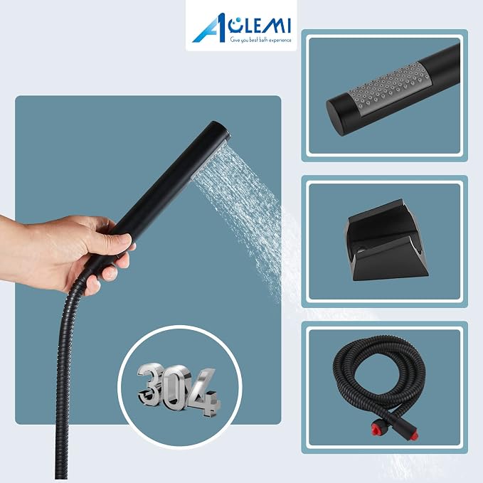 Aolemi Matte Black Wall Mount Bathtub Faucet with Handheld Shower Stainless Steel SUS304 Single Handle Shower Basin Mixer Taps 6 Inch Center Tub Filler for Bath