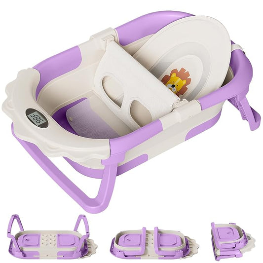TPN Collapsible Baby Bathtub for Infants to Toddler with Real-time Temp Monitor+Floating Cushion 1 (Lavender, Little Lion)