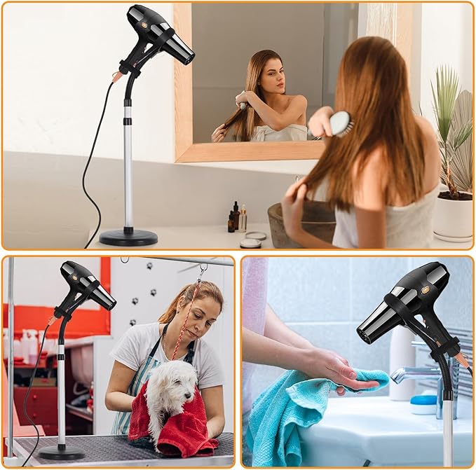 Erytlly Hair Dryer Stand Hands Free 360-Degree Rotating Adjustable Height Metal Hair Dryer Stand Blow Dryer Holder About for 0.5kg Hair Dryer in Bathroom, Vanity, Makeup Room (Basic-new)