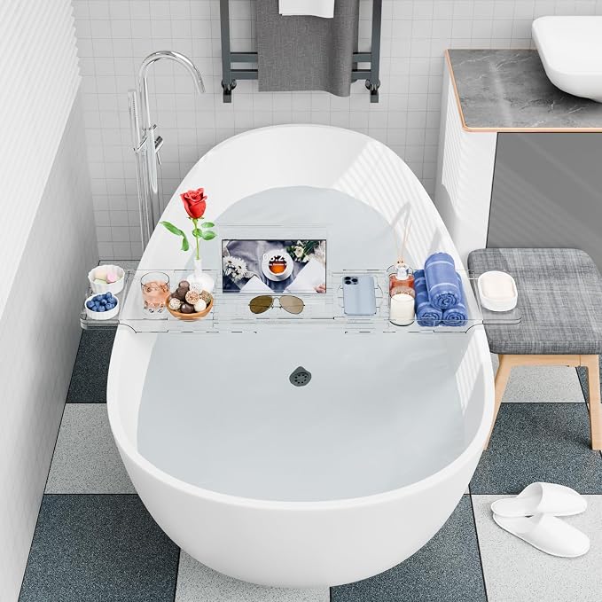 Yieach Luxury Clear Bathtub Shelf Across Tub,Expandable Plastic Bathtub Tray Over The Tub Bath Caddy,Free Standing Bath Table Board & Accessories for Women Relaxing with Reading Book and Ipad Holder