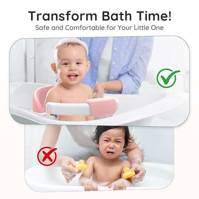 Baby Bath Seat for Babies Sitting Up, Non-Slip Baby Bath Chair with Strong Suction Cups, Lockable Armrest & High Back 360° Safety Support, Ideal for Active Toddlers 6-24 Months, Pink
