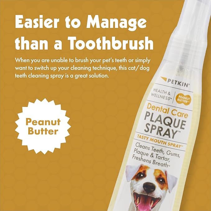 Petkin Plaque Spray, Peanut Butter, 4 Fl Oz - Cleans Teeth & Gums, Removes Plaque & Tartar, Freshens Breath & Whitens Teeth with Baking Soda - Ideal Cat & Dog Dental Spray with No Brushing or Rinsing