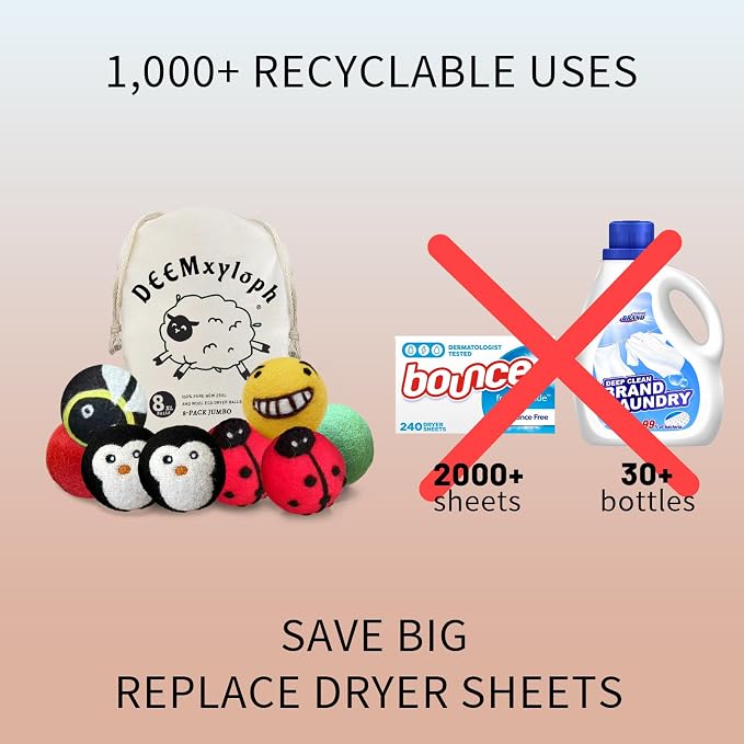 Ladybug Pattern Wool Dryer Balls (8pcs/3"),Friendly Dryer Sheet Alternative, Red & Black Colorway, All-Season Use - Reduce Wrinkles & Lint for Bedding, Towels, Everyday Wear