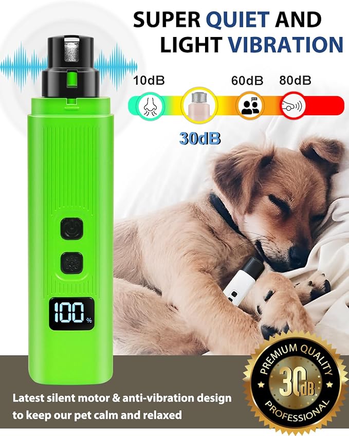 Electric Dog Nail Grinder with 2 Level LED Lights, 2 Speed Super Quiet and Low Vibration Electric Cat Nail Grinder - Rechargeable Pet Nail Grinder for Small Dogs Cats - Green