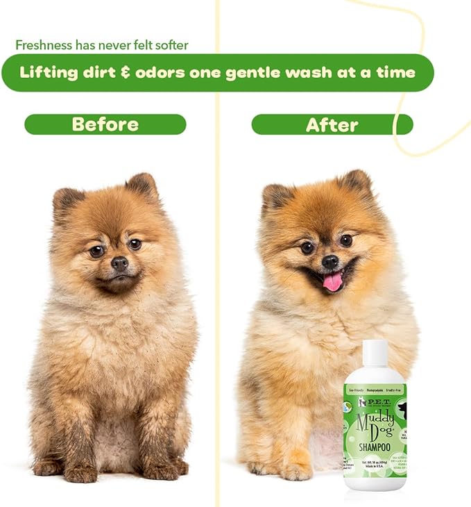 P.E.T. Muddy Dog Deep-Clean Shampoo — Shea Butter, Papaya & Kiwi Blend — 10 : 1 Concentrated Moisturizing, Degreasing & Deodorizing Formula — Cosmetic Grooming (Not a Pesticide) — 16 oz