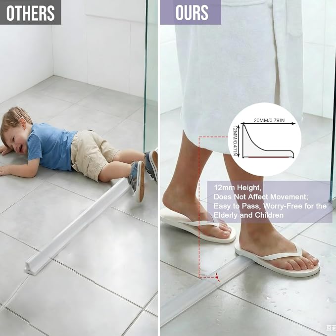 Shower Threshold Water Dam Barrier - Versatile, Silicone Shower Water Guard Stopper Seal Strip for Bathroom Floor, Bathtub Rim, Kitchen Countertop (Transparent, 138 In/ 3.5M)