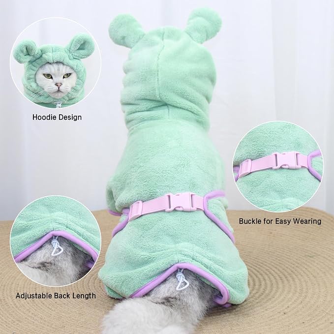 Pet Bathrobe for Dog Cat Absorbently Quick Drying Coat Cute Dogs Bath Towel Hooded Robe Adjustable Collar & Belly Strap for Pool Beach (Green, Small)