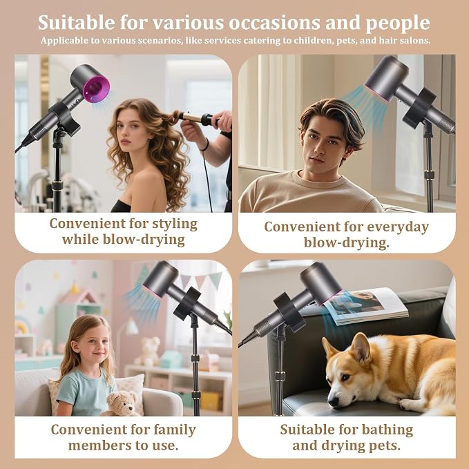 Hands Free Hair Dryer Stand with Tripod, 26-76 Inch Adjustable Height, 180° Rotating Universal Clip, Foldable Metal Blow Dryer Holder for Bathroom Vanity Makeup Room Home Styling & Pet Grooming, Fits Most Hair Dryers