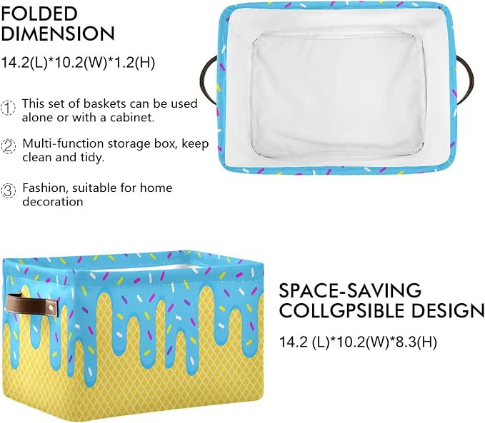 Wamika Ice Cream Drip Baseball Storage Basket with Waterproof Liner and PU Handles Blue Candy Storage Bins Boxes 14.2" Collapsible Decorative Organizer Baskets for Bedroom Closet Office 2 Pack