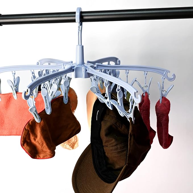2 PCS Foldable Drying Rack with 24 Clips for Drying Socks Lingerie Baby Clothes Drying Towels Rotatable Sock Drying Rack (Blue)