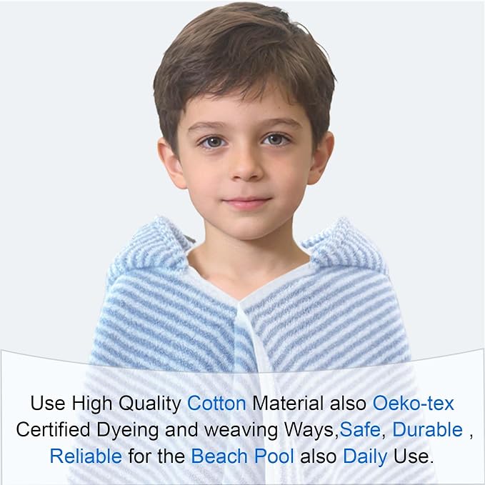 VOOVA & MOVAS Hooded Bath Towels for Kids | Soft Absorbent 100% Cotton Thick Towel Wrap | Versatile Beach, Pool, Swim & Bath Cover-Up | Blue White Thin Horizontal Stripe