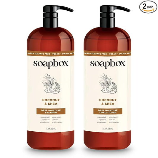 Soapbox Shampoo and Conditioner Set with Coconut Oil, Jojoba Oil, Aloe and Shea Butter to Moisturize and Nourish for All Hair Types, 1 Liter Each (Pack of 2)