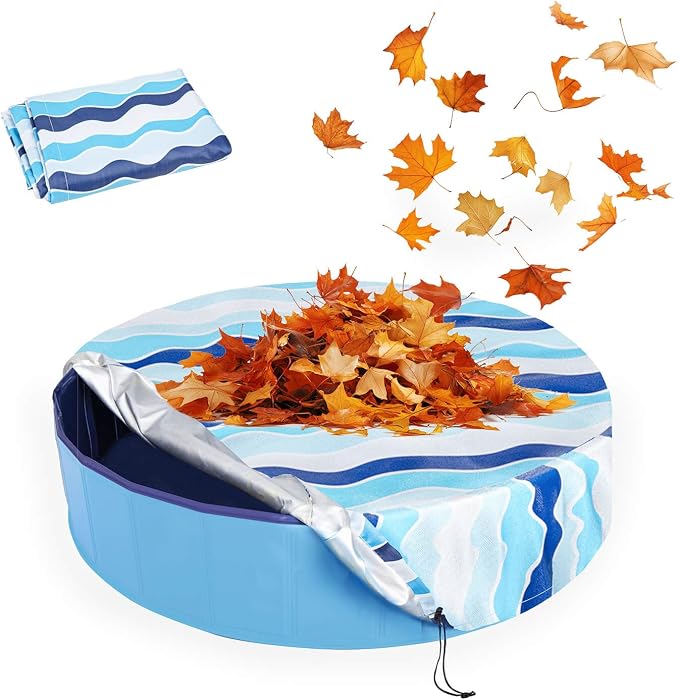 Foldable Round Dog Swimming Pool Cover, for 32"/48"/63" Collapsible Outdoor Tub,PVC Coating Waterproof and UV Protection (S-32 * 8 inch, Blue Stripes)
