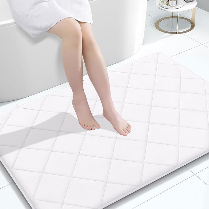 OLANLY Memory Foam Bath Mat 47x32, Ultra Soft and Absorbent Bathroom Rugs, Machine Washable, Comfortable Bath Carpet for Bathroom Floor, Tub and Shower, White