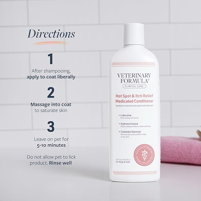 Veterinary Formula Clinical Care Hot Spot & Itch Relief Cat & Dog Medicated Conditioner, 16 oz – Oatmeal Conditions Skin for a Lustrous Coat, Formulated to Help Alleviate Itchy Skin