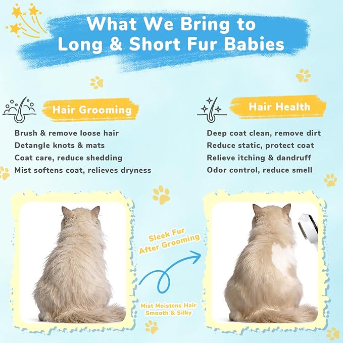 10Pcs Mist Spray Brush Kit for Cats & Dogs, Hair Health & Grooming Set with 100ml Waterless Shampoo, Cat Scratcher w/Catnip, Nail Clippers, Toothbrush, Comb, Eye Ear Paw Dry Wipes & Gloves, Gift-Set