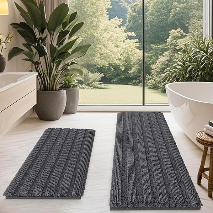 Striped Grey Bathroom Rug Mat Set 2 piece 24"x17"+48"x20" Ultra Soft, Non Slip Chenille Bath Rugs, Absorbent Plush Shaggy Bath Mats for Bathroom, Bedroom, Kitchen, Shower, Tub,Dark Gray, Charcoal