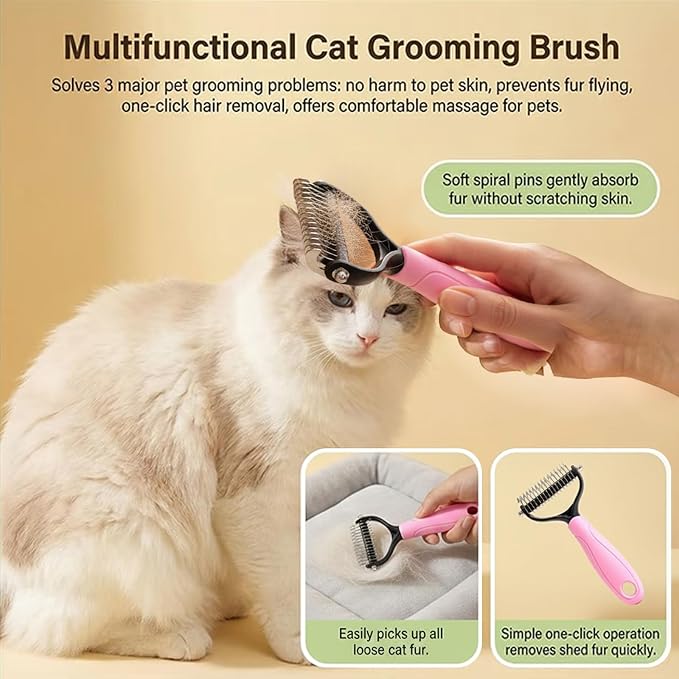 Double‑Sided Pet Grooming Brush, 2026 Upgraded Undercoat Rake for Long Haired Dogs & Cats, Multi‑Functional Dematting Comb Deshedding Tool, Mat Remover Detangler for Home Grooming (1, Pink L)