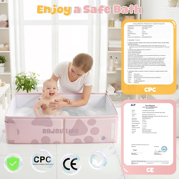 Orzbow Toddler Bathtub with Temperature Sticker, Collapsible Baby Bathtub with Side Drain Plug, Portable Bath Tub for Infant 6 Months+, Easy to Clean, Stable & Durable, Folds to Store, Pink