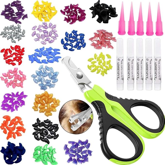 VICTHY 100pcs Cat Nail Caps with Clipper Set, Cat Nail Clipper + Nail Covers with Adhesive and Applicators Size Small (5 COLORS)