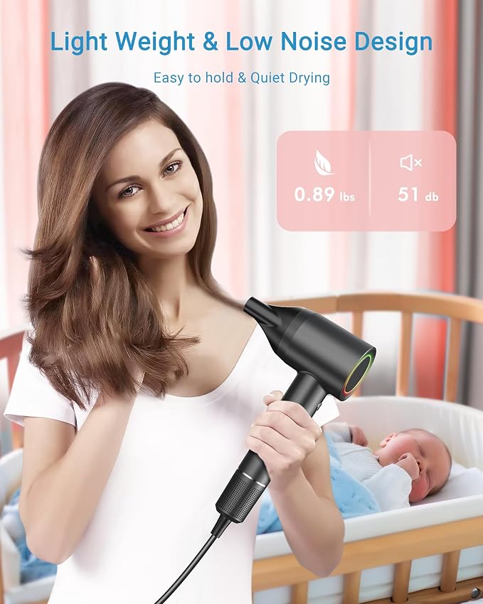 Hair Dryer, 160000 RPM Professional High Speed Ionic Blow Dryer • 500 Million Negative Ions • Intelligent Heat Control & Rapid Drying Speeds • Lightweight • Low Noise, Magnetic Diffuser & Nozzle
