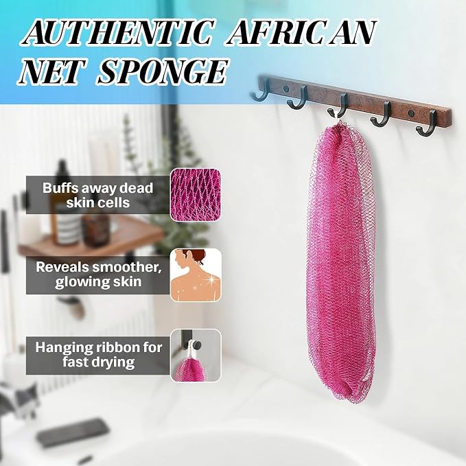 African Net Sponge Exfoliating Glove for Body and Face, Double Knotted Bath Sponge for Deep Cleansing and Gentle Exfoliation, Reusable and Quick-Dry （Rose Red）