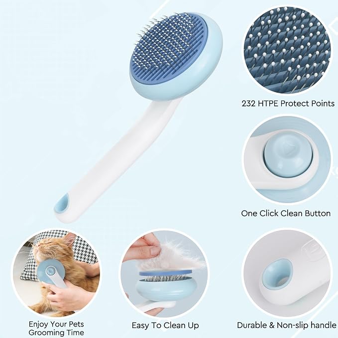 Cat Grooming Glove Brush, Self-Cleaning Slicker Pet Brush for Short and Long Haired Pets, Dog Bath Brush for Shedding and Grooming, Removes Loose Hair and Tangles, Blue