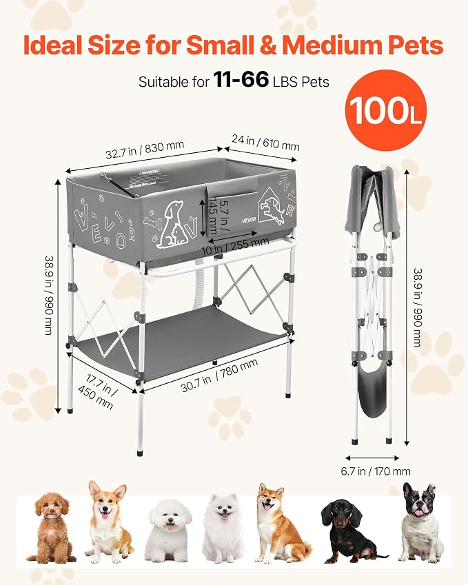 VEVOR Dog Bathtub, Elevated Dog Bath Tub, Collapsible Pet Bathing Grooming Wash Station, Portable Foldable Space-Saving, with Built-in Drain Hose for Small and Medium Pet Cat Indoor & Outdoor, Gray