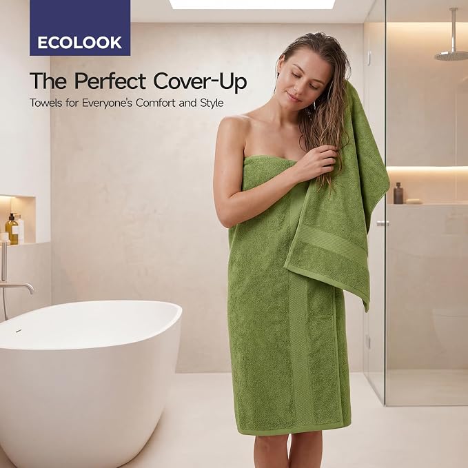 ecolook 2 Pack 100% Cotton Bath Towels, 28 x 55 Inches, Soft | Lightweight, Highly Absorbent & Quick Dry Body Towels for Bathroom, Shower, Gym & Daily Use, Green