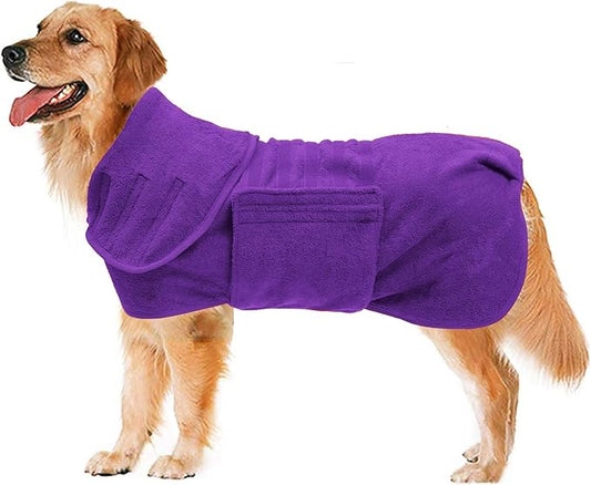 Geyecete Dog Drying Coat - Fast Drying Dog Bathrobe Towel - Microfibre Super Absorbent Pet Cat Bath Robe, Luxuriously Soft Purple XL