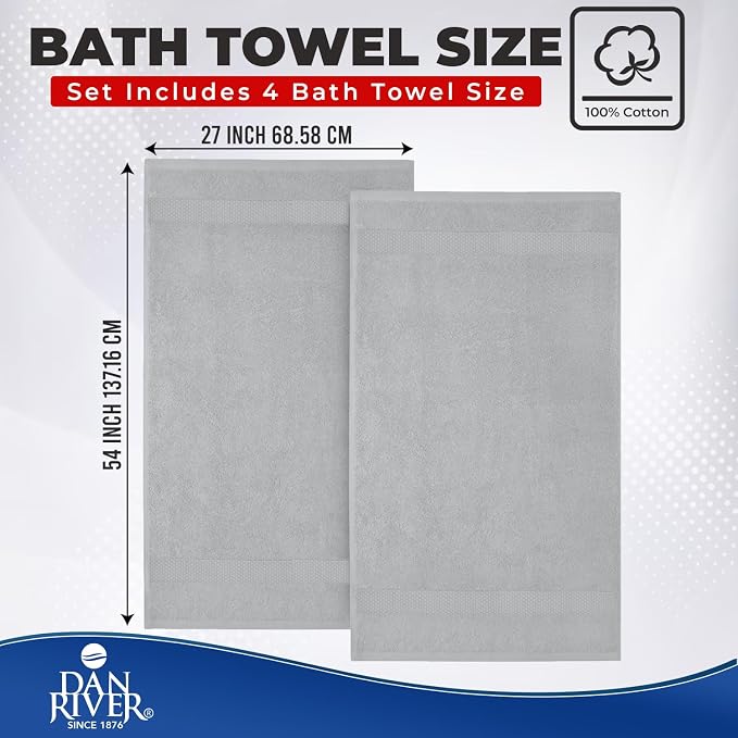 DAN RIVER Large Bath Towels Set of 4, 27 x 54 Inches, 600 GSM Larger & Lighter Weight Towels for Bathroom - Highly Absorbent & Quick Dry 100% Cotton Bath Towel Set for Home, Gym, Spa & Hotel - Silver